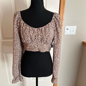 Altar’d State brown floral coquette milk maid puffy long sleeve crop top. Large